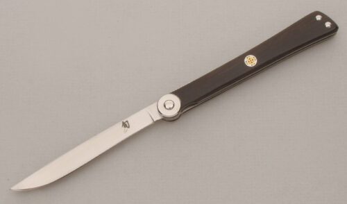 Shun Cutlery Personal Folding Steak Knife with Black Resin Filled Pakkawood handle material - Obverse Side - Item #KLC13514