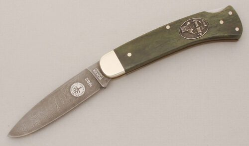 Boker Knives 1982 Annual Damast Folder with Smooth Green Bone Scales handle material - Obverse Side - Item #KLC13515
