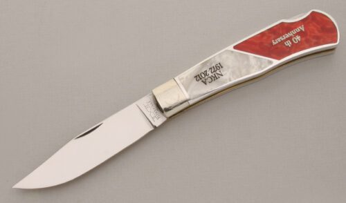 Schatt & Morgan 40th Anniversary NKCA Folder with Red & White Mica Pearl handle material - Obverse Side - Item #KLC13517