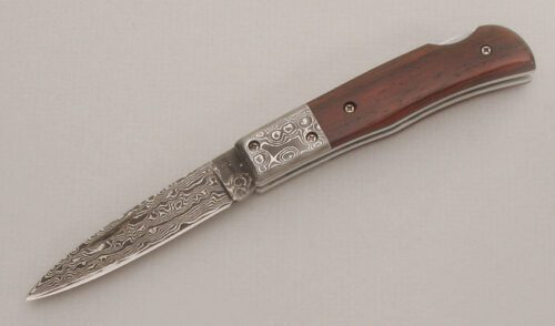 A.G. Russell Damascus Lockback with Cocobolo Wood Scales handle material - Obverse Side - Item #KLC13533