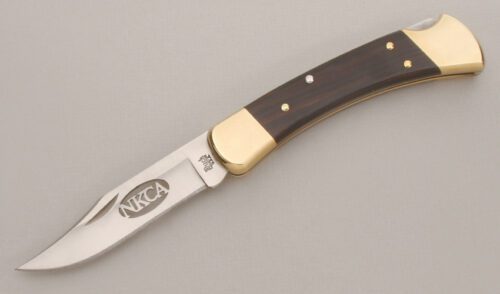 Buck Knives 2001 NKCA 110 Lockback with Wood Micarta Handle Scales handle material - Obverse Side - Item #KLC13536