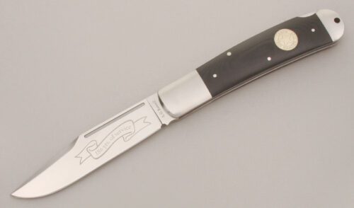 A.G. Russell 2009 Texas Ranger Lockback with Black Rucarta Scales handle material - Obverse Side - Item #KLC13546