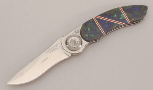 Lone Wolf Knives Paul Presto with Green Malachite & Red Coral handle material - Obverse Side - Item #KLC13576