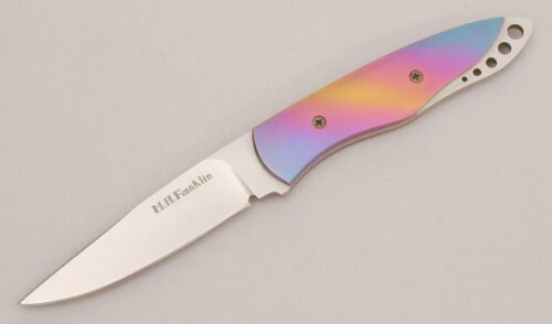 Mike Franklin Boot Knife with Rainbow Anodized Titanium handle material - Obverse Side - Item #KLC13578