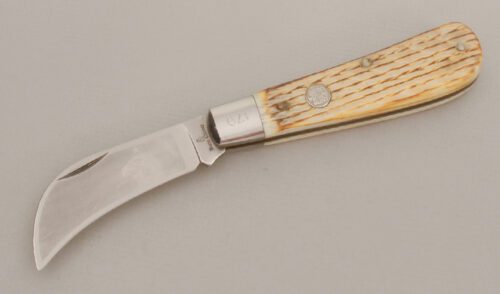 Burnt Chimney Knives Hawk Bill Folder with Burnt Jigged Bone Scales handle material - Obverse Side - Item #KLC13584