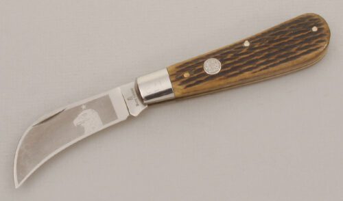 Burnt Chimney Knives Hawk Bill Folder with Green Jigged Bone Scales handle material - Obverse Side - Item #KLC13585