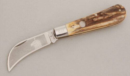 Burnt Chimney Knives Hawk Bill Folder with Stag Handle Scales handle material - Obverse Side - Item #KLC13586