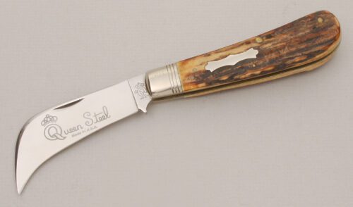 Queen Cutlery Hawk Bill Folder with Burnt Stag Handle Scales handle material - Obverse Side - Item #KLC13587