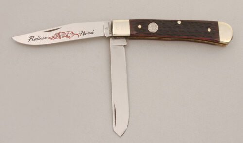 Burnt Chimney Knives Red Bone Hound Trapper with Brown Jigged Bone Scales handle material - Obverse Side - Item #KLC13589