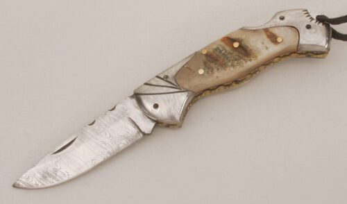 Unknown Maker Damascus Lockback Folder with Sheep Horn Handles handle material - Obverse Side - Item #KLC13592