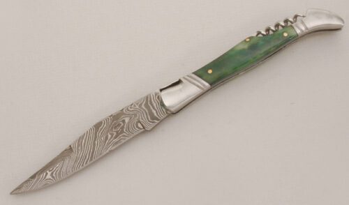 Unknown Maker Damascus Slip Joint Folder with Smooth Green Bone Scales handle material - Obverse Side - Item #KLC13593