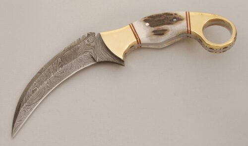 Unknown Maker Damascus Karambit with Stag Handle Scales handle material - Obverse Side - Item #KLC13594