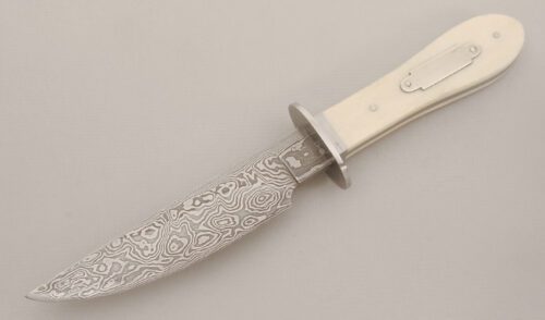 Brad Rutherford Damascus Hunter with Giraffe Bone Scales handle material - Obverse Side - Item #KLC13596