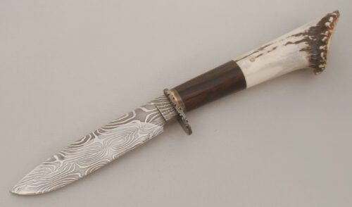 Brad Rutherford Damascus Hunter with Stag & Cocobolo Wood Handle handle material - Obverse Side - Item #KLC13597