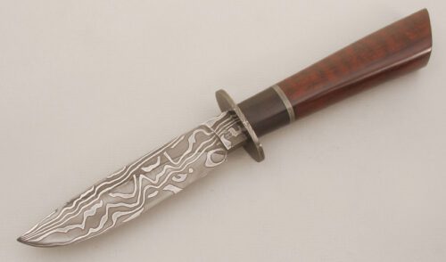 Brad Rutherford Damascus Hunter with Snakewood & African Blackwood handle material - Obverse Side - Item #KLC13598
