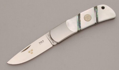 Fallkniven Knives TK3 Midlock Folder with Mother Of Pearl Scales handle material - Obverse Side - Item #KLC13602