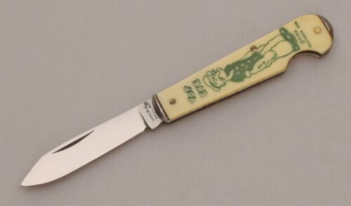 Imperial Knife Co. Popeye EZ Open Folder with Ivory Celluloid & Silk Screen handle material - Obverse Side - Item #KLC13629
