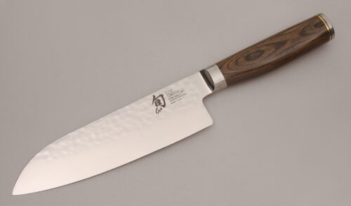 Shun Cutlery Shun Premier Santoku with Walnut Colored Pakkawood handle material - Obverse Side - Item #KLC13637