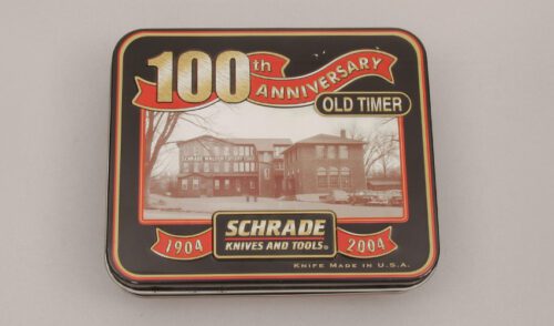 Schrade Cutlery 100th Anniversary Old Timer with Sawcut Delrin Scales handle material - Obverse Side - Item #KLC13639
