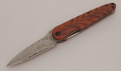 Hikari Japan Higo Damascus Linerlock Folder with Cocobolo Wood Handles handle material - Obverse Side - Item #KLC13652