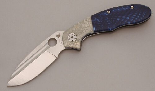 Spyderco Knives C151GTIP Schempp Tuff with Blue & White Juma & Titanium handle material - Obverse Side - Item #KLC13661