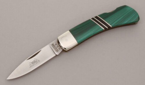 Western Cutlery Small Lockback Folder with Malachite & Wood Handle Scales handle material - Obverse Side - Item #KLC13690