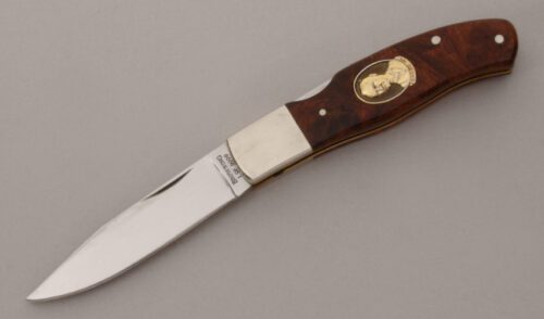 Browning Knives John Browning Commemorative with Quince Burl Wood Scales handle material - Obverse Side - Item #KLC13702