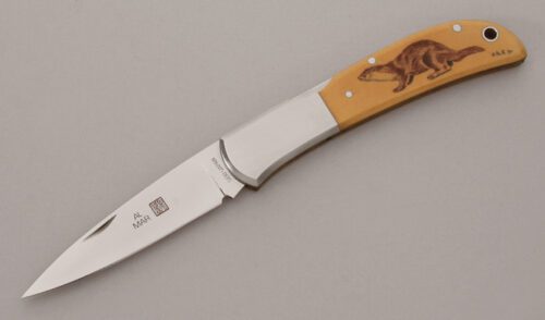 Al Mar Knives 1003 Falcon Midlock Folder with Westinghouse Ivory Micarta handle material - Obverse Side - Item #KLC13704