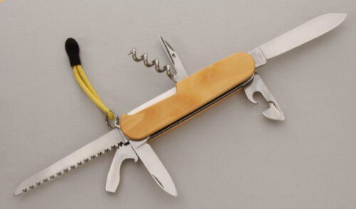 Victorinox Swiss Officers Knife with Custom Boxwood Handle Scales handle material - Obverse Side - Item #KLC13714