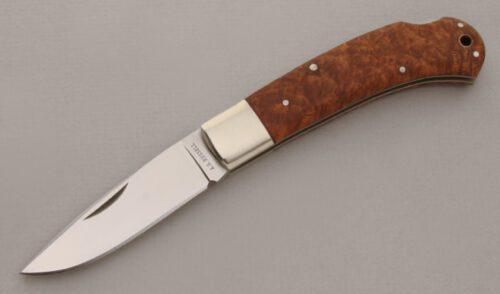 A.G. Russell Lockback Folder with Chinese Quince Burl Scales handle material - Obverse Side - Item #KLC13731