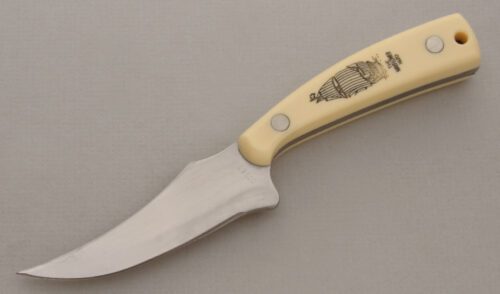 Schrade Cutlery Scrimshaw Classic Skinner with Ivory Delrin Handle Scales handle material - Obverse Side - Item #KLC13737