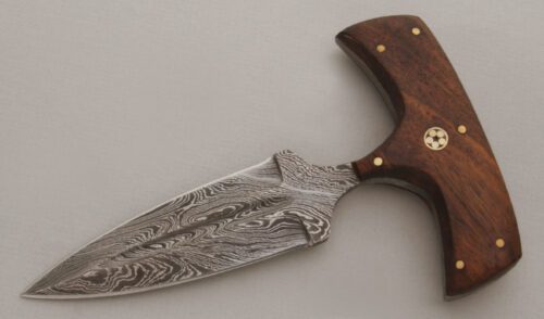 Unknown Maker Damascus Push Dagger with Wood Handle Scales handle material - Obverse Side - Item #KLC13745