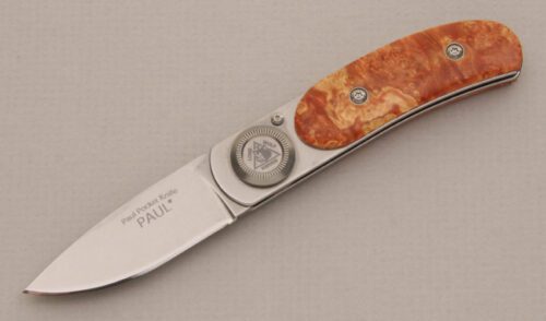 Lone Wolf Knives Paul Pocket Button Lock Folder with Burl Wood Handle Scales handle material - Obverse Side - Item #KLC13750