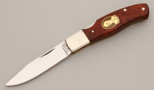 Browning Knives John Browning Commemorative with Quince Burl Wood Scales handle material - Obverse Side - Item #KLC13755