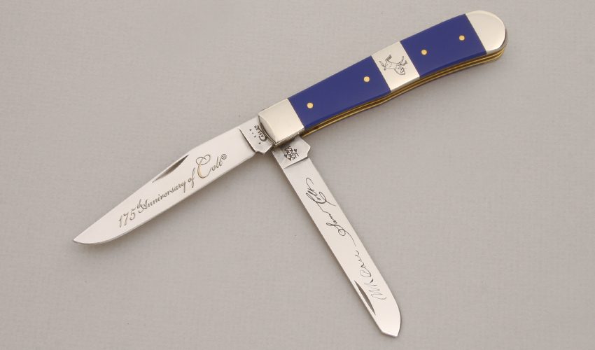 Case Cutlery Colt 175th Anniversary Trapper with Smooth Blue Delrin Scales handle material - Obverse Side - Item #KLC13770