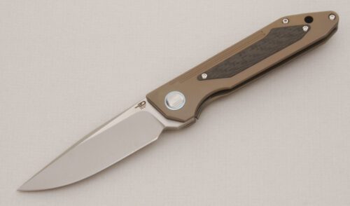 Bestech Knives Shinkansen Framelock Folder with Bronze Titanium Frame handle material - Obverse Side - Item #KLC13785