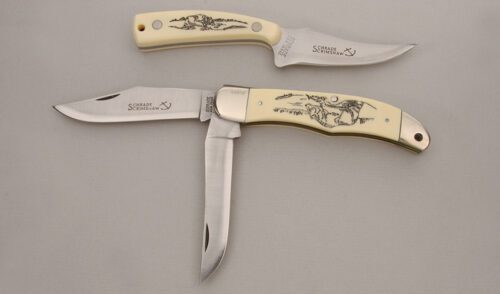 Schrade Cutlery Scrimshaw 2 Knife Set with Ivory Delrin Handles handle material - Obverse Side - Item #KLC13823