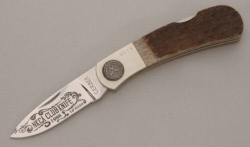 Gerber Knives 1986 NKCA Club Lockback Folder with Jigged Bone Scales handle material - Obverse Side - Item #KLC13835
