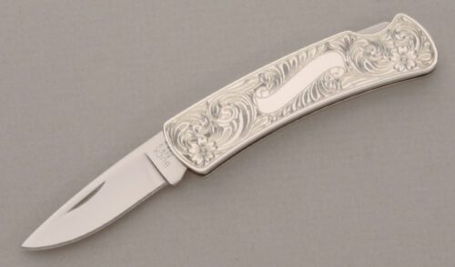 Buck Knives 525 Gents Lockback 925 Silver with 925 Silver Handle Scales handle material - Obverse Side - Item #KLC13838