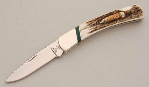 Buck Knives Custom 501 Squire Lockback with Elk Antler W/Malachite Spacers handle material - Obverse Side - Item #KLC13857