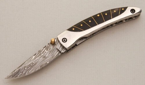 Unknown Maker Damascus Linerlock Folder with Stainless Steel Scales handle material - Obverse Side - Item #KLC13865