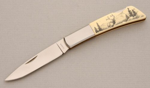 Gerber Knives 300A Silver Knight Lockback with Ivory Micarta Handle Scales handle material - Obverse Side - Item #KLC13869