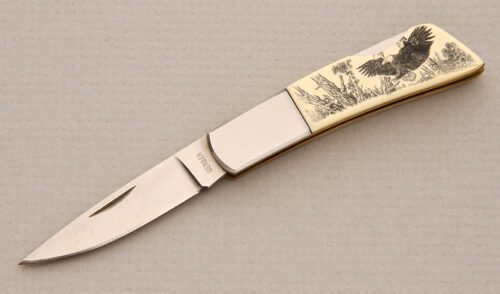 Gerber Knives 200A Silver Knight Lockback with Ivory Micarta Handle Scales handle material - Obverse Side - Item #KLC13870