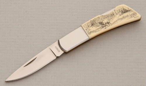 Gerber Knives 200A Silver Knight Lockback with Ivory Micarta Handle Scales handle material - Obverse Side - Item #KLC13871