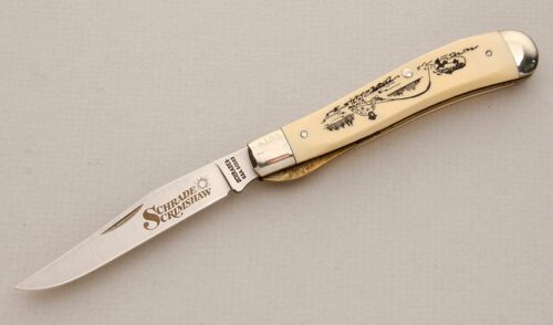 Schrade Cutlery SC503 Linerlock Trapper with Ivory Delrin Handle Scales handle material - Obverse Side - Item #KLC13879