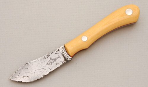 Steve Powers Damascus Skinner with Ivory Linen Micarta Scales handle material - Obverse Side - Item #KLC13922