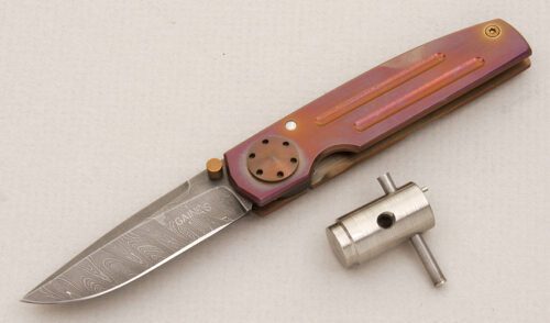 Buddy Gaines Gents Damascus Folder with Titanium Frame handle material - Obverse Side - Item #KLC13954