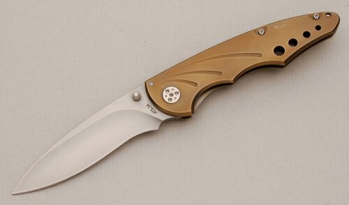 A.G. Russell Tactical Folder with Brown Anodized Titanium Frame handle material - Obverse Side - Item #KLC13963