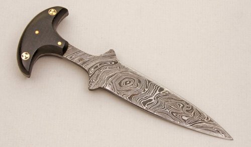 Unknown Maker Damascus Push Dagger with Burlap Micarta Handle Scales handle material - Obverse Side - Item #KLC13980