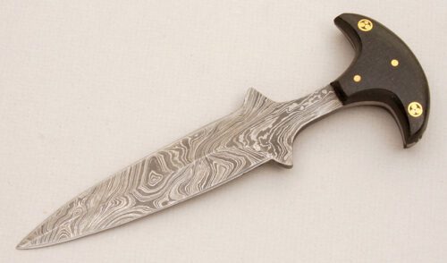 Unknown Maker Damascus Push Dagger with Black Burlap Micarta Scales handle material - Obverse Side - Item #KLC13981